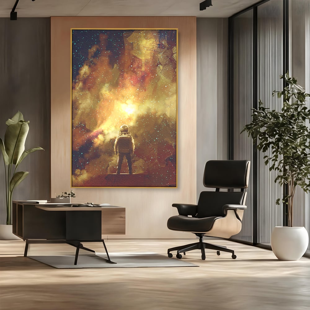 Tablou canvas cu ilustratie cu astronaut privind stelele, in rama de aluminiu auriu, pe perete intr-un birou